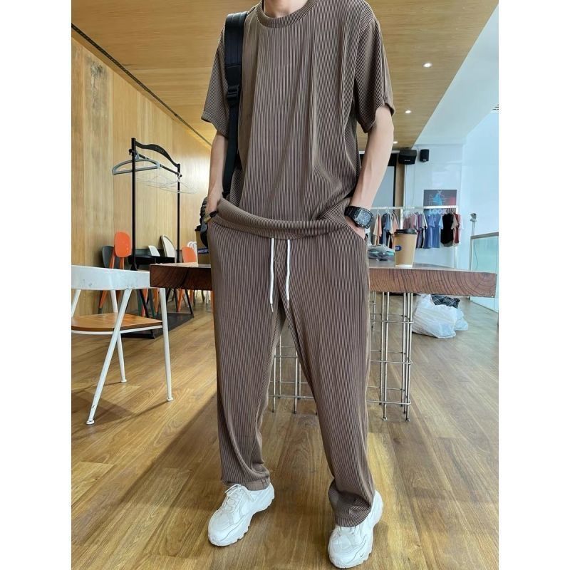 Abbigliamento da uomo, pantaloni a maniche corte, completi da uomo, larghi, di grandi dimensioni, freschi, di fascia alta, in due pezzi, per persone di mezza età e giovani, sportivi, un set di_voghion.com