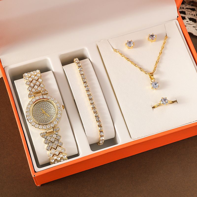 Women's Simple Full Diamond Steel Watch Bracelet Earrings Ring Necklace Six-piece Gift Set_voghion.com