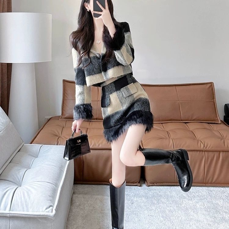 Elegante 2024 geruite nieuwe stijl geurpak herfst winter hoogwaardige wollen jas en rok tweedelig set_voghion.com