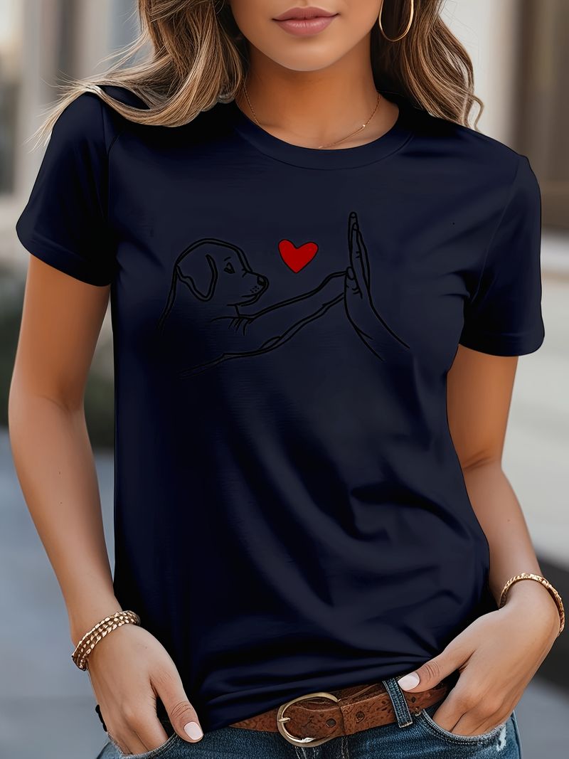 Women's Casual Short-Sleeve T-Shirt With Dog High-Five And Heart Print, Round Neck Tee For Everyday Wear_voghion.com