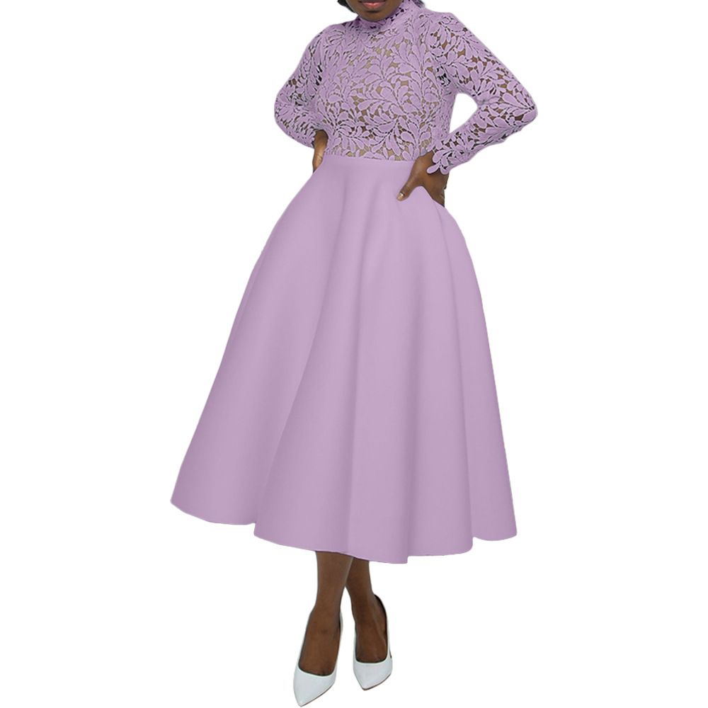 Naiste rõivad Sügis- ja talvestiilis Keskmise kõrge kraega pitsist kroonlehtedega õmmeldud kleit_voghion.com