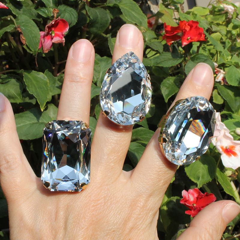 Super Shiny Geometric Ring Set Of Three For Women, Adjustable Simple Rhinestone Rings Accessories_voghion.com