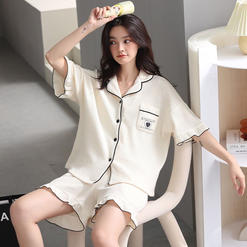 Summer nei Fraen Xiaoxiangfeng Waffelpyjama, Kuerzärm Shorts, Cardigan Set, einfach an atmungsaktiv Heemkleeder_voghion.com