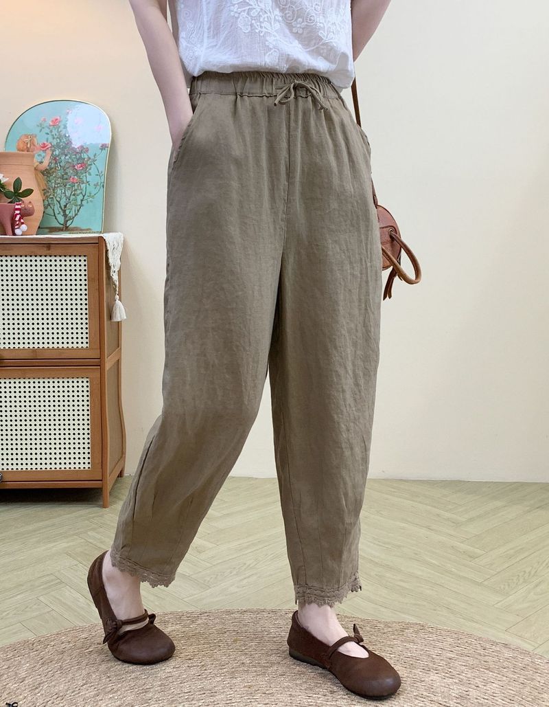 Suitable For All Seasons Lace Trim Linen Harem 2025 Summer New Loose Casual Pants With Drawstring Elastic Waist Nine-Tenths Length Women_voghion.com