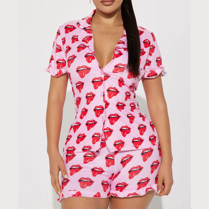 Damenbekleidung Freizeit Bedruckter Kurzarmanzug mit Knopfleiste und hoher Taille_voghion.com