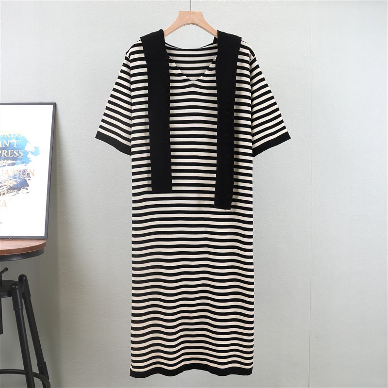 Robe ample à manches courtes en tricot à capuche et col en V pour femme, jupe mi-longue élégante à rayures et à la mode_voghion.com