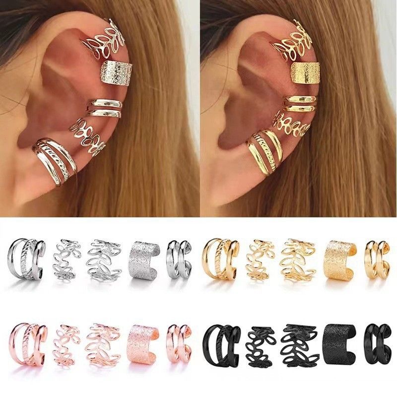 Clip per osso auricolare creativa e semplice senza fori per le orecchie, set di cinque pezzi di orecchini cavi personalizzati con foglia d'oro, clip per orecchie a forma di C_voghion.com