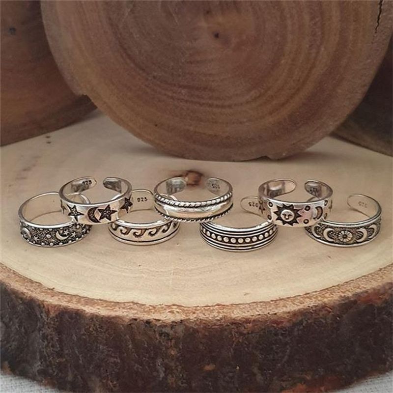 Hot Selling Carved Hollow Multi-element 7-piece Open Ring Alloy Beach Series Set Foot Jewelry_voghion.com