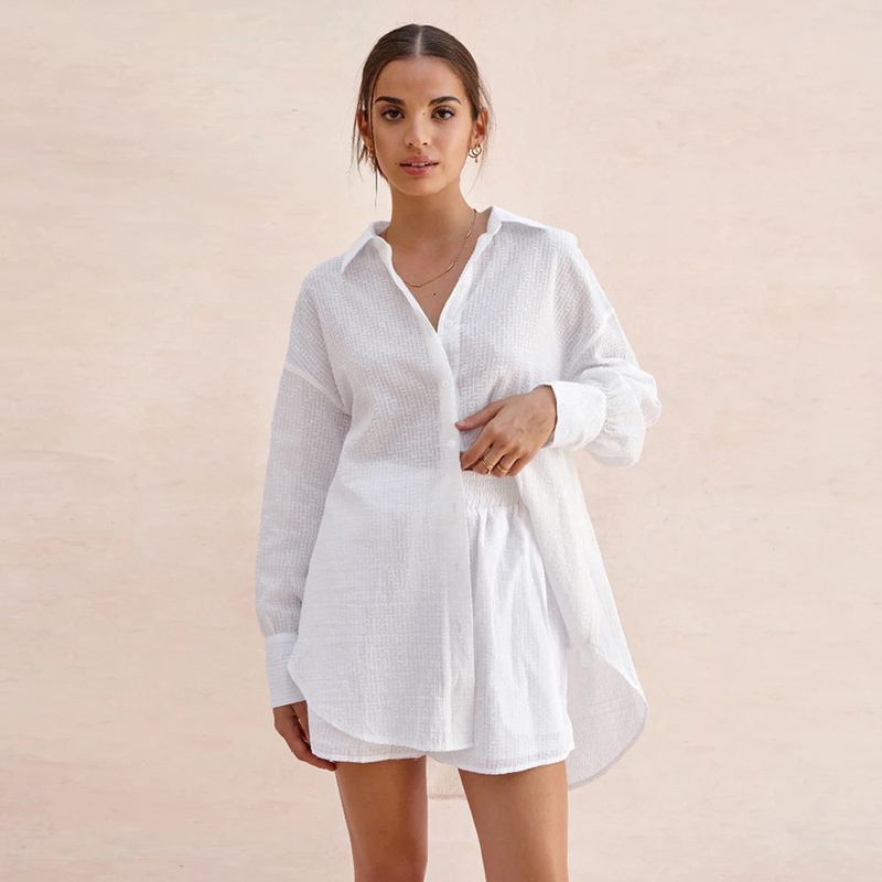 Camicia e pantaloncini in jacquard francese Audday per donna, 2024, set due pezzi in cotone bianco casual e ampio, abbigliamento da donna_voghion.com