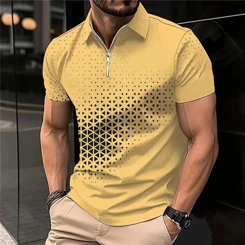 Vīriešu pavasara/vasaras polo krekls ar rūtainu rakstu, 3D rakstu, īsām piedurknēm, ikdienas rakstu ar rāvējslēdzēju un atloku._voghion.com