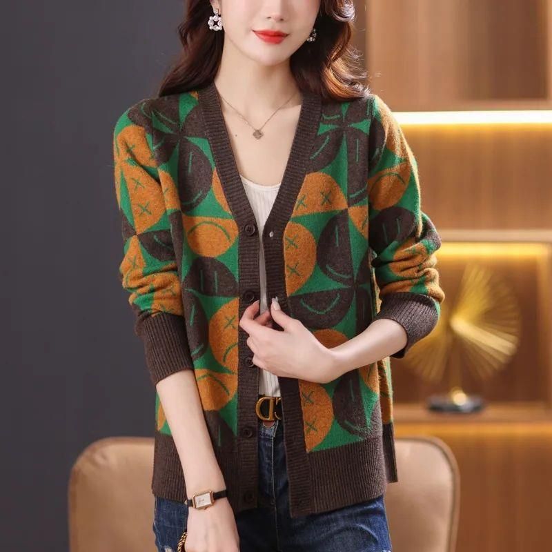 【Cashmir Family】 V-hals uldcardiganjakke til midaldrende kvinder, løstsiddende mødre, kort sweater til overtøj_voghion.com