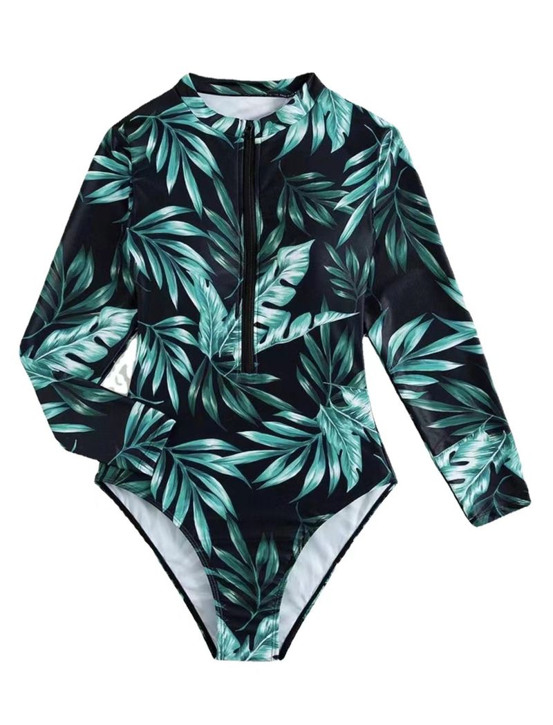 Women's Long Sleeve One Piece Swimsuit With Zip Front, Floral Print, UPF 50+ Sun Protection, High Waist Swimwear For Beach, Pool & Water Sports_voghion.com