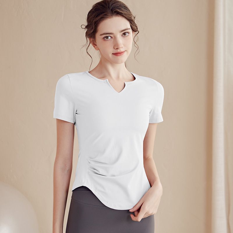 Abbigliamento yoga di alta qualità per donna, t-shirt sportiva a maniche corte slim fit, completo estivo per corsa e pilates, top fitness_voghion.com