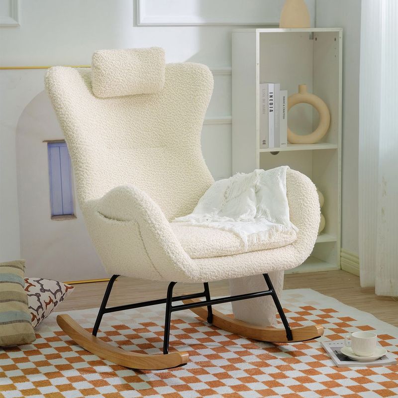 Rocking Chair Nursery, Teddy Upholstered Rocker Glider Chair With High Backrest, Adjustable Headrest &amp; Pocket, Comfy Glider Chair For Nursery, B_voghion.com