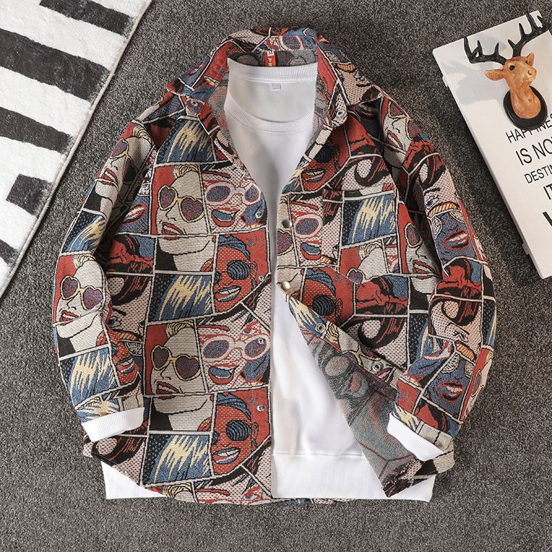 Chemise homme automne couleur tissé jacquard décontracté revers veste tendance polyvalent ample tailcoat_voghion.com