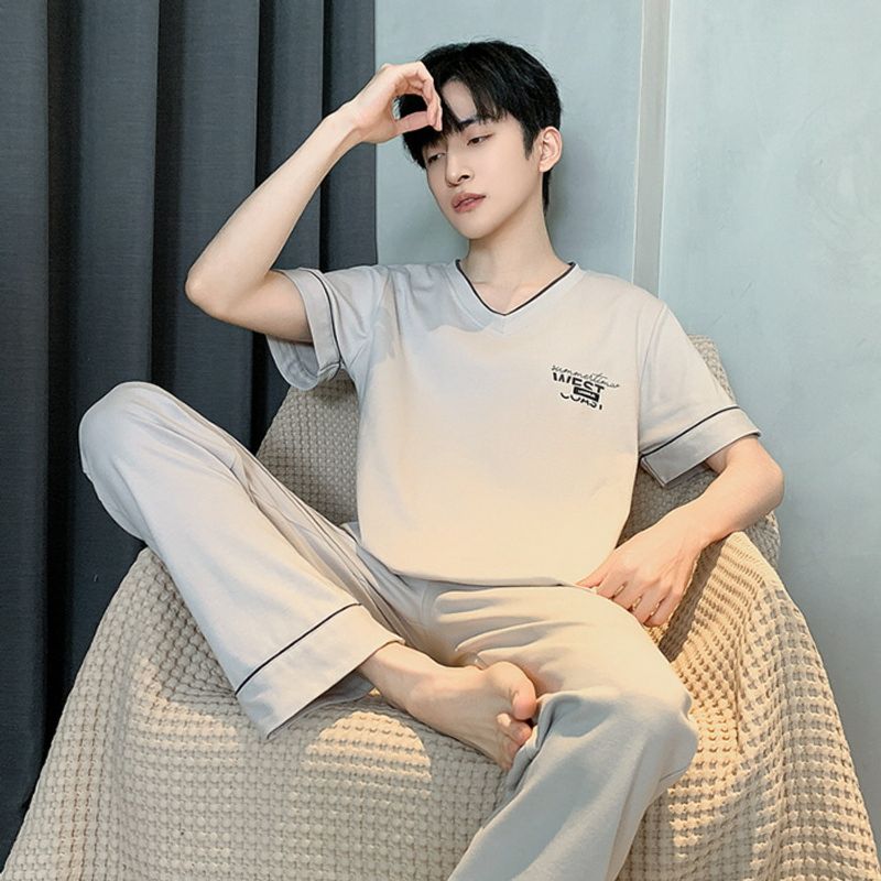 Cartoon cotton pajamas summer round neck short sleeved pants thin casual outerwear men's home suit set_voghion.com