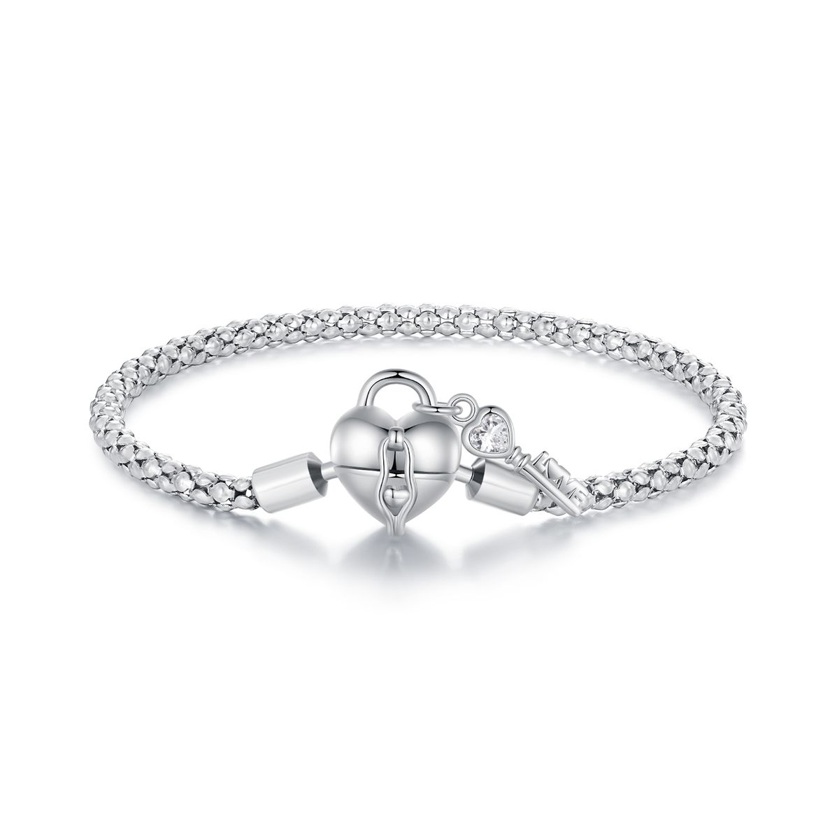Bracciale base con lucchetto a cuore e chiave, bracciale in argento sterling 925 per donna, compatibile con la maggior parte delle perline con ciondolo_voghion.com