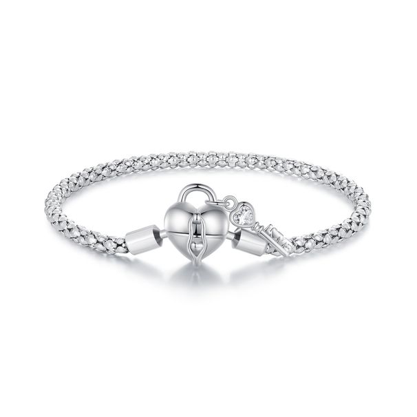 Bracciale base con lucchetto a cuore e chiave, bracciale in argento sterling 925 per donna, compatibile con la maggior parte delle perline con ciondolo_voghion.com