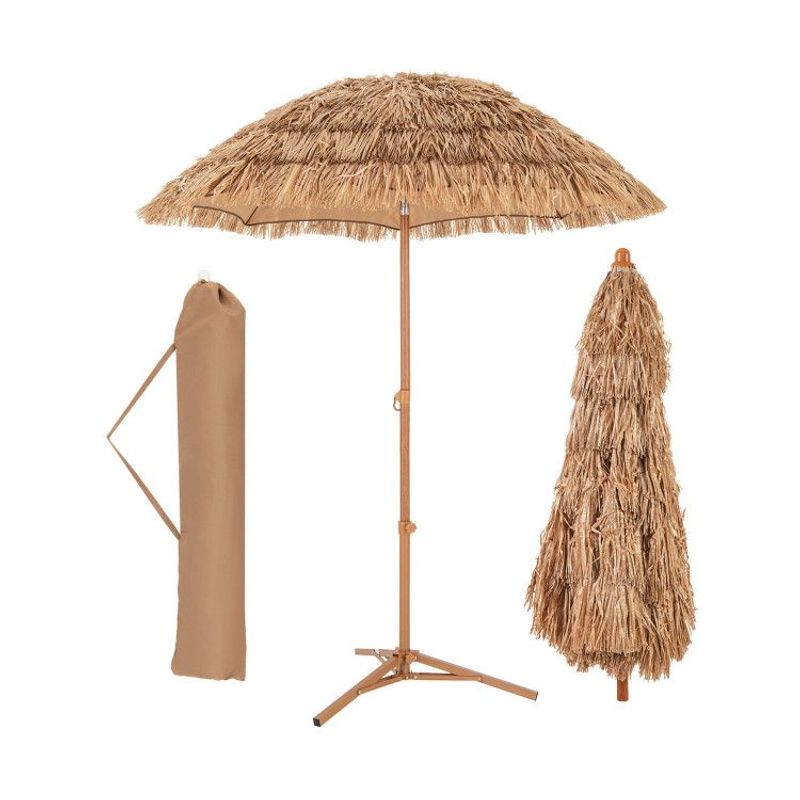 6.5 Feet Thatched Tiki Umbrella With Foldable Stand Push Button Tilt_voghion.com