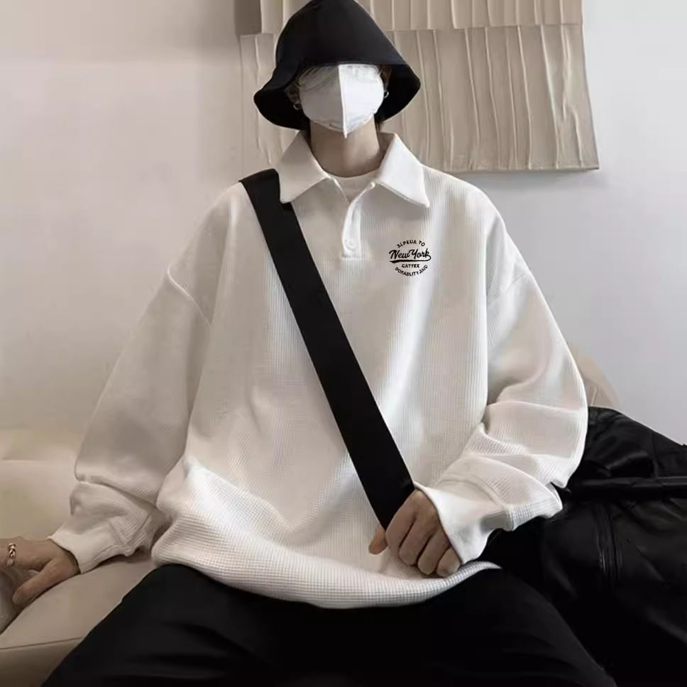 Polo Sweatshirt, Loose Fit For Men In Spring And Autumn, Stylish New Style, Waffle Top, Lapel, Long Sleeved T-shirt_voghion.com