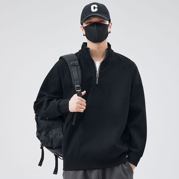 Herren-Kapuzenpullover mit halbem Reißverschluss und lockerer Passform, trendiges Sweatshirt mit Stehkragen für Frühling und Herbst, weiche und atmungsaktive Polyestermischung_voghion.com