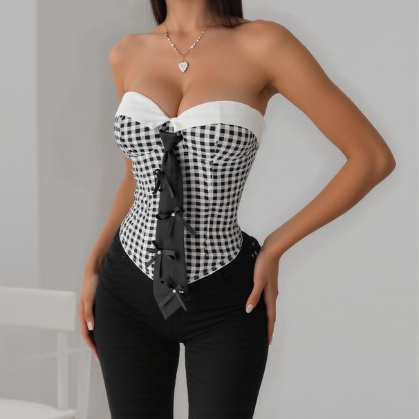 Gingham Korsett-Bustier-Top – Trägerloses, süßes und würziges Schnür-Unterhemd für Damen, S/M/L_voghion.com
