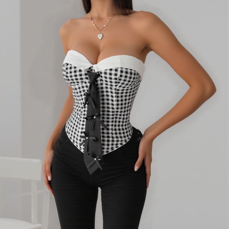 Gingham Corset Bustier Top – Strapless Lace-Up Sweet & Spicy Vest For Women, S/M/L​_voghion.com