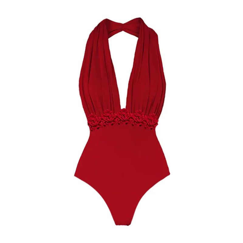 Maillot de bain une pièce à col en V profond et couleur unie pour femme_voghion.com