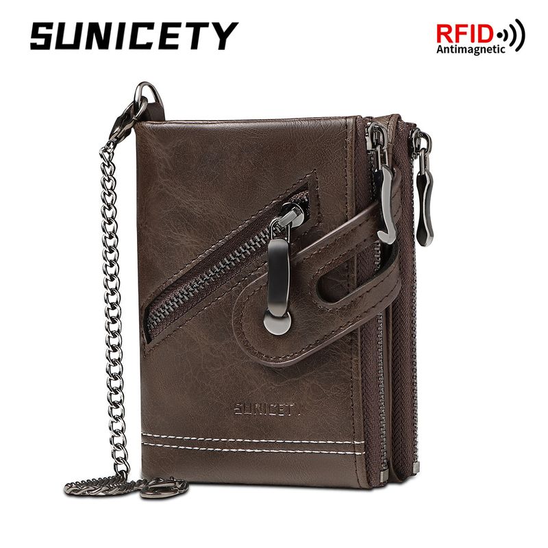 Portefeuille tendance pour homme avec chaîne, en cuir véritable, avec blocage RFID et chaîne antivol._voghion.com