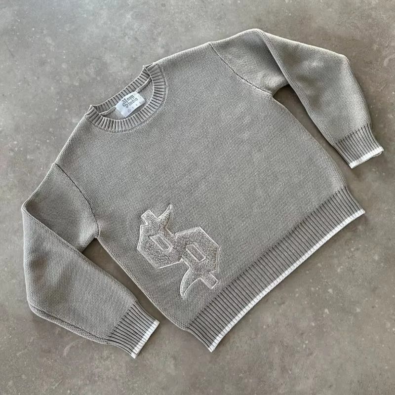 Men's Embroidered Crewneck Sweater High Street Design Jacquard Loose Knitwear Autumn Winter Casual Fashion Top Grey_voghion.com