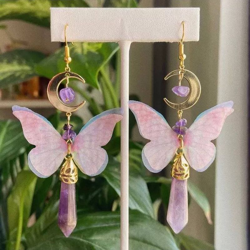Orecchini a forma di luna con nappa a farfalla simmetrica giapponese e coreana, orecchini lunghi con nappa viola a cerchio_voghion.com
