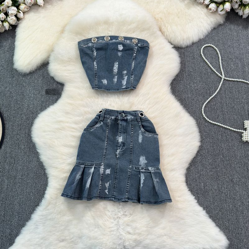 Damenbekleidung Persönlichkeit, Modisch, Sexy, One-Shoulder Tube Top Jeansweste Anzug, Hohe Taille, Schlankmachender A-Linien-Rock_voghion.com