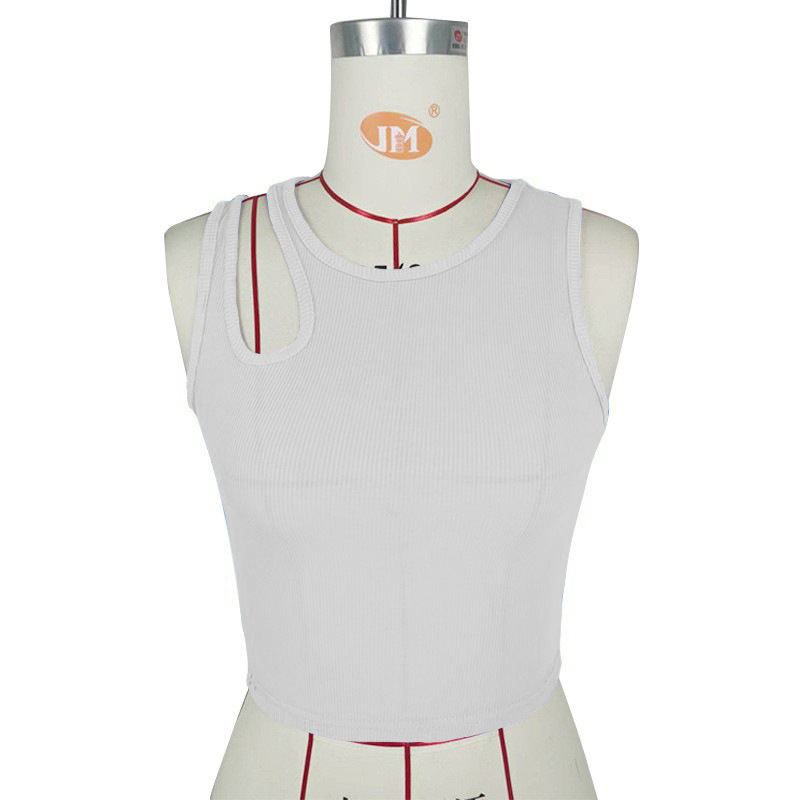 Canotta dimagrante senza collo a costine da donna. Canotta con scollo tondo senza maniche dal design scavato_voghion.com