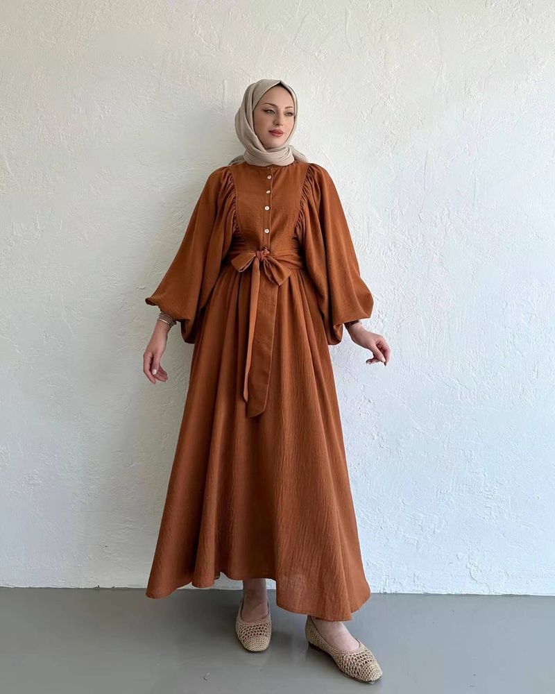 Dameklær Muslimsk motedress Lantern Sleeve Top Big Swing Skjørtdress_voghion.com