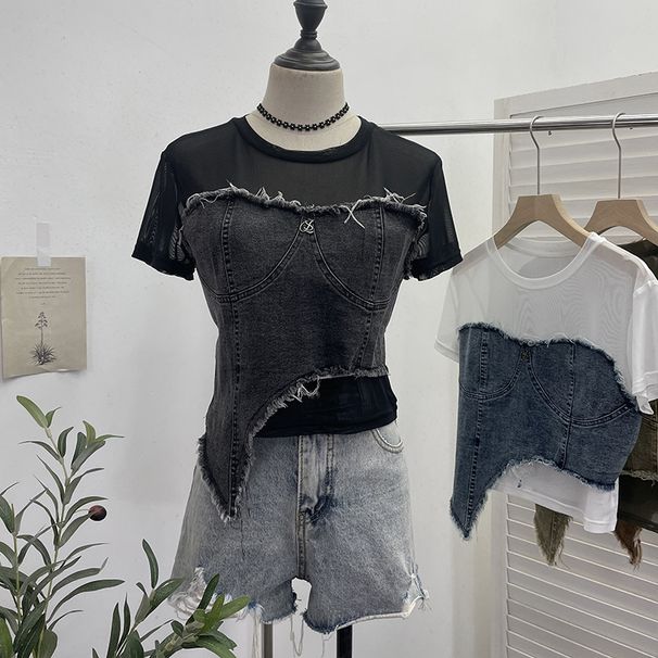 Damenbekleidung Real Shot Denim Splicing Mesh Kurzarm-T-Shirt Sommer Modisches unregelmäßiges kurzes Slim Fit-Oberteil mit hoher Taille_voghion.com