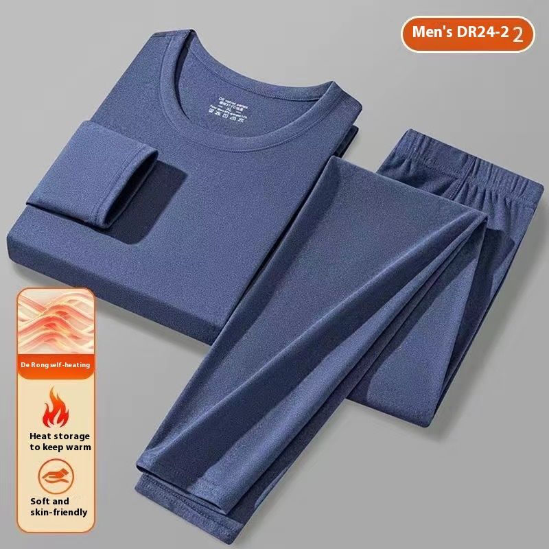 De Rong Warm Half High Collar with Velvet Long Sleeve T-shirt and Pants Set for Men's Autumn/Winter Base Shirt Top_voghion.com