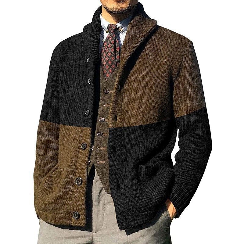Men's Lightweight Color-Block Cardigan Sweater – Slim Fit Long Sleeve Open Front Knitwear For Casual & Office Wear (Gray/Brown/Black/Army Green_voghion.com