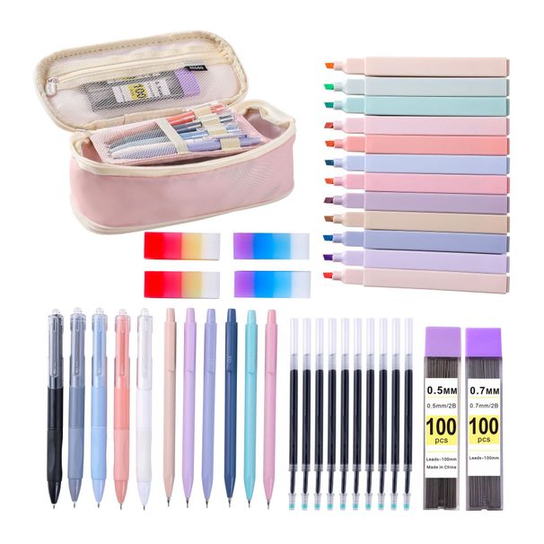 Conjunto de Papelaria de Macaron Pastel - Estojo fofo com marcadores e acessórios para cadernos para estudantes, diários e presentes_voghion.com