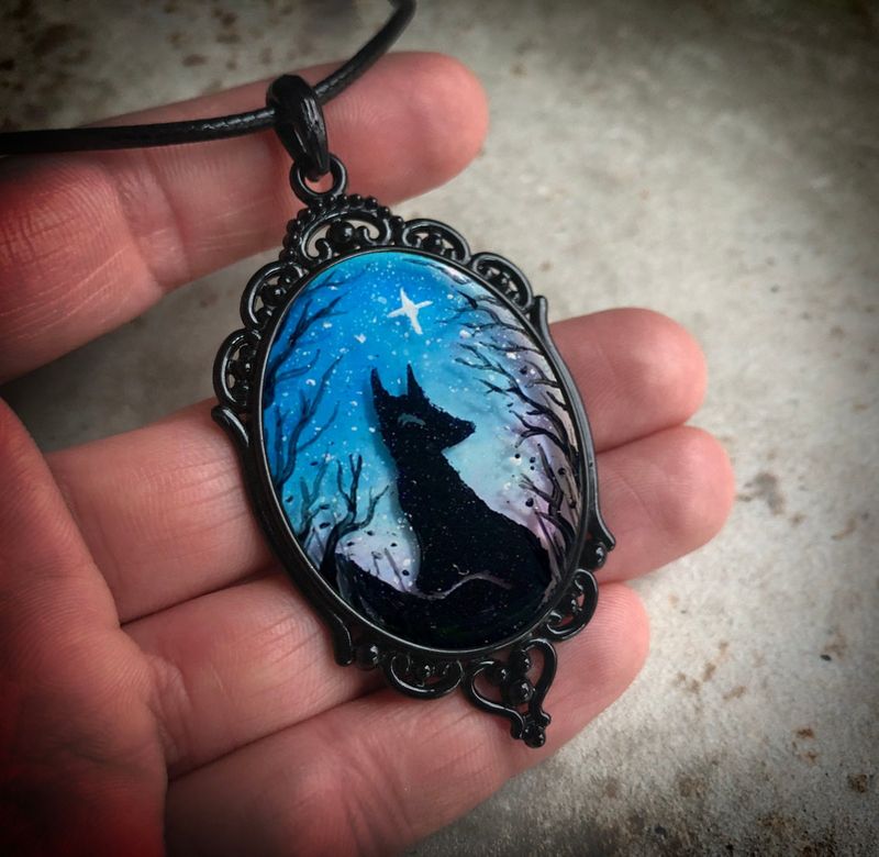 Jewelry & Accessories Starry Night Fox Hand-painted Glass Pendant Necklace_voghion.com