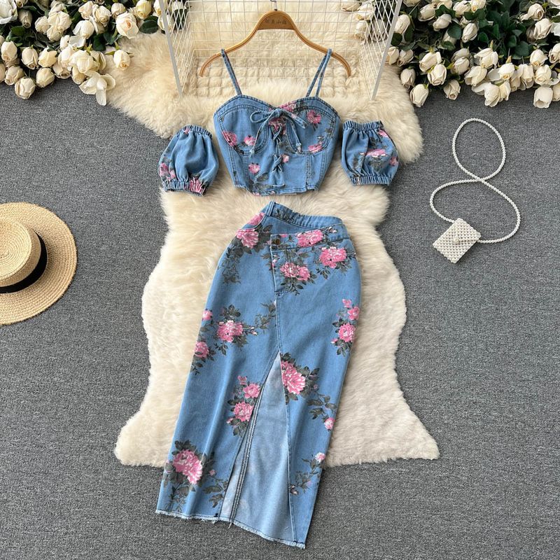 Women's retro chic suit, sweet girly off-shoulder camisole, high-waisted slit skirt, denim two-piece set_voghion.com