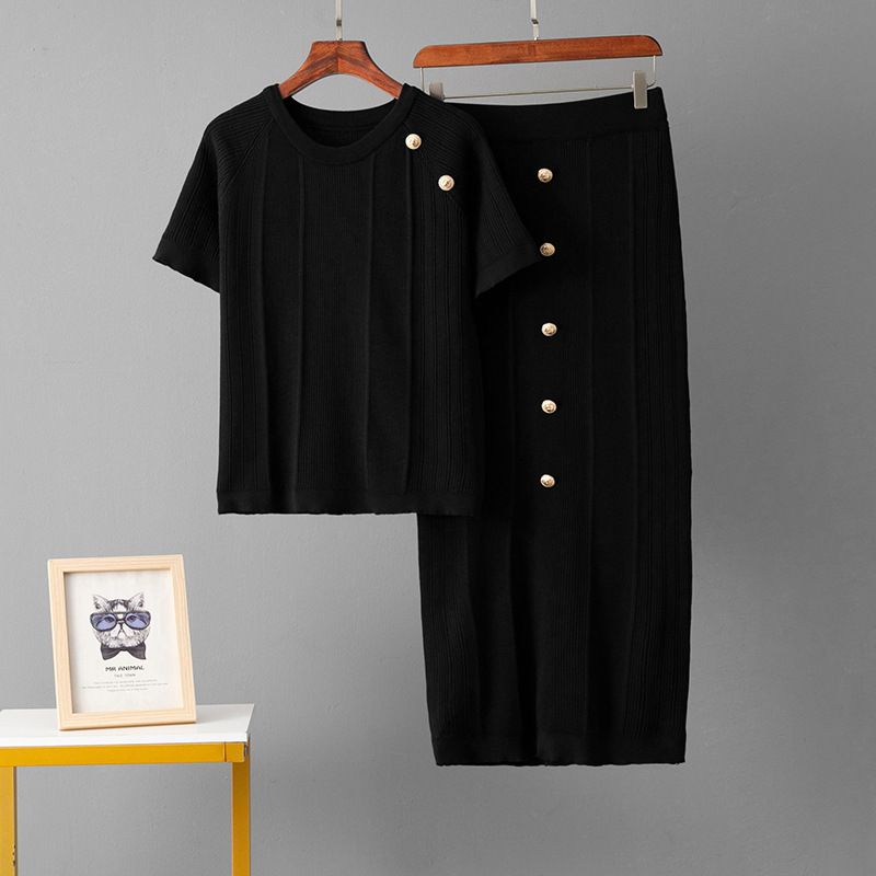 Women's Clothing Short Sleeved Versatile Short Knitted T Shirt Top Half Length Skirt Suit_voghion.com