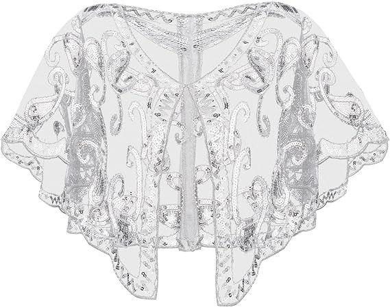 Scialle con perline e paillettes retrò K per donna; piccolo cardigan versatile._voghion.com