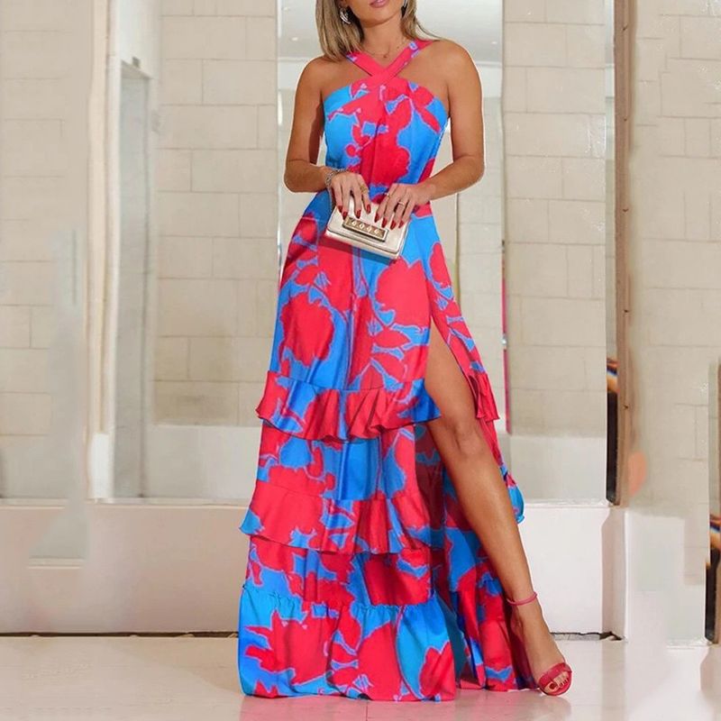 Damen Sommer neues Hosenträgerkleid Bohemian Kleid Print V-Ausschnitt ärmelloses Kleid_voghion.com
