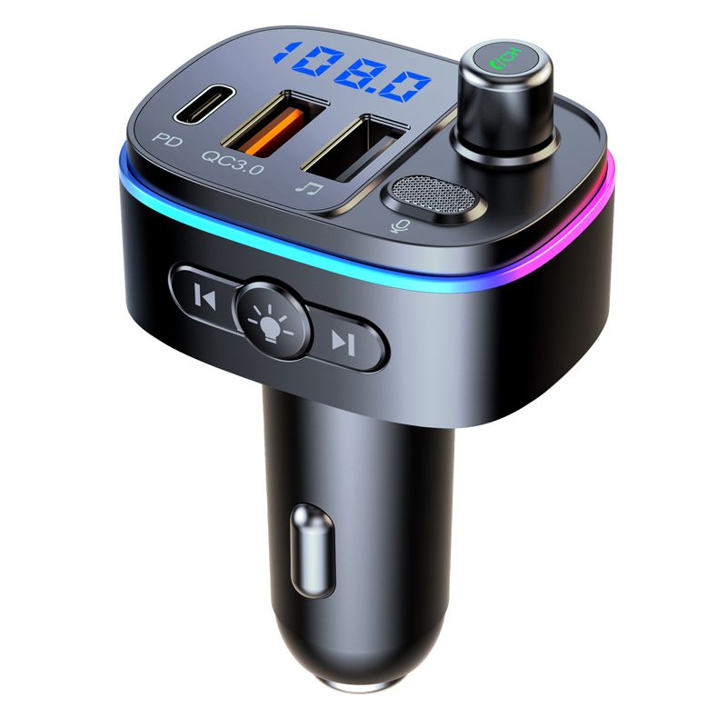 Bluetooth 5.0 FM Transmitter MP3 Player U Disk Music Car Charger Type-C PD QC3.0 Fast Charging 7 Color Ambient Light_voghion.com