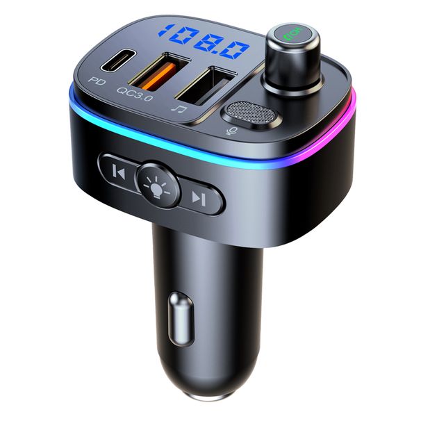 Bluetooth 5.0 FM Transmitter MP3 Player U Disk Music Car Charger Type-C PD QC3.0 Fast Charging 7 Color Ambient Light_voghion.com