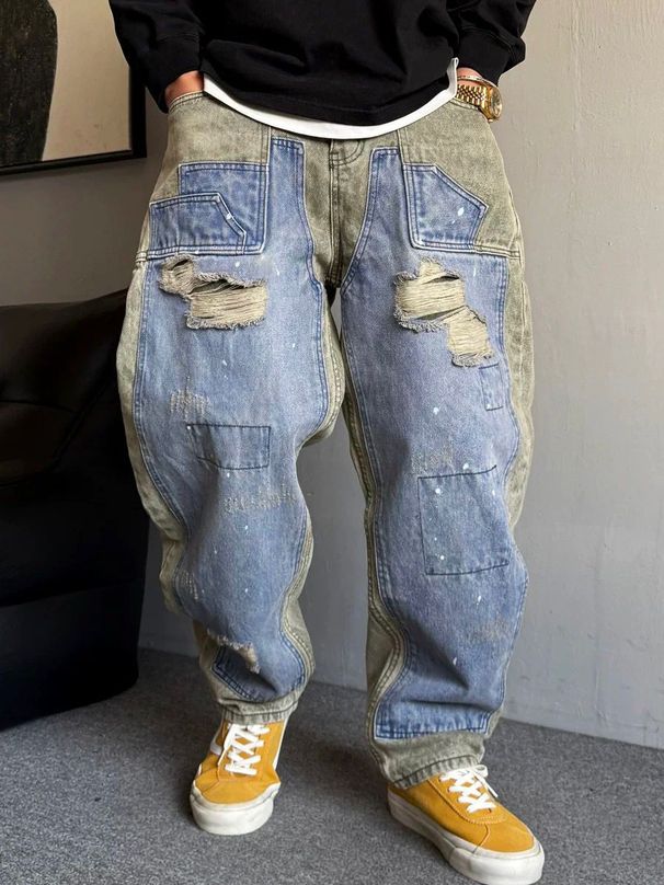 Erkek Giyim Rahat Yakışıklı Ağır Tasarım Retro Yırtık Kot Pantolon Erkek Düz Bol Dar Pantolon_voghion.com