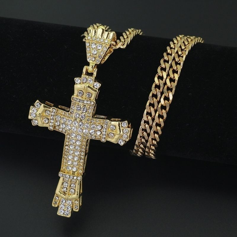 Collana con ciondolo a croce cava con diamanti, stile hip-hop, da uomo, con catena cubana, per donna_voghion.com