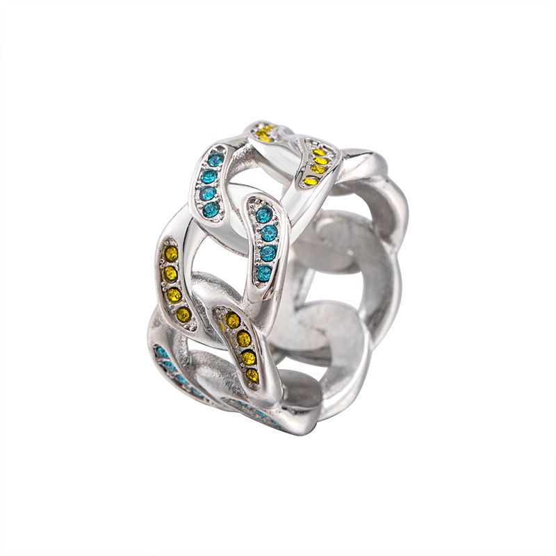Anello da uomo alla moda in acciaio al titanio con catena cubana intarsiata con diamanti, stile Hip Hop_voghion.com