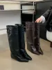 Pointed Toe Women Winter Boots Wedge High Heels Belt Buckle Black Brown PU Leather Botas Fashion Dress Shoes Woman 39_voghion.com