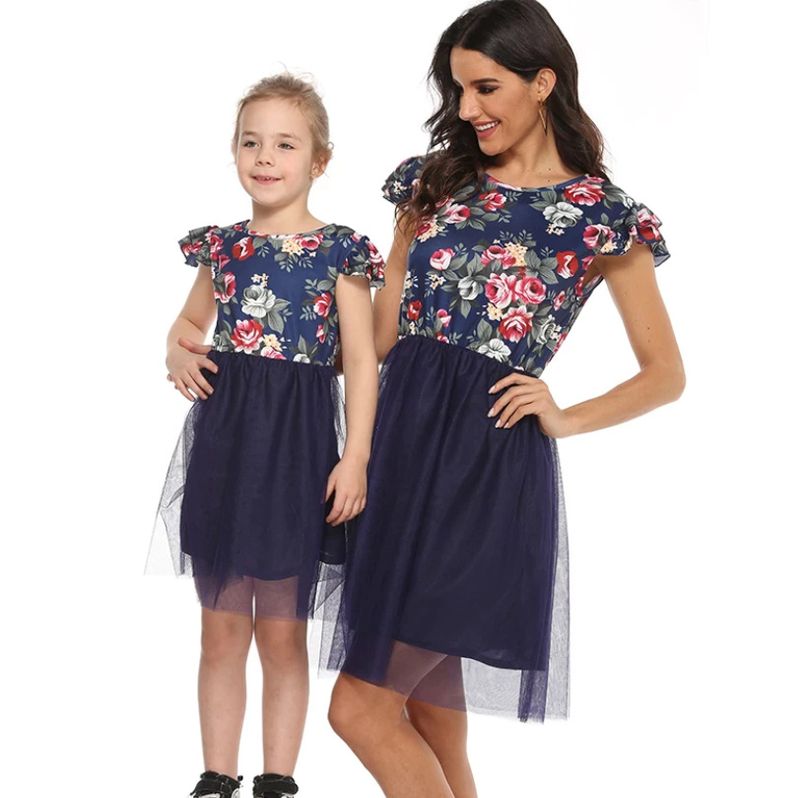 Mother&Kids Patchwork mesh printing parent-child dress floral mesh skirt_voghion.com
